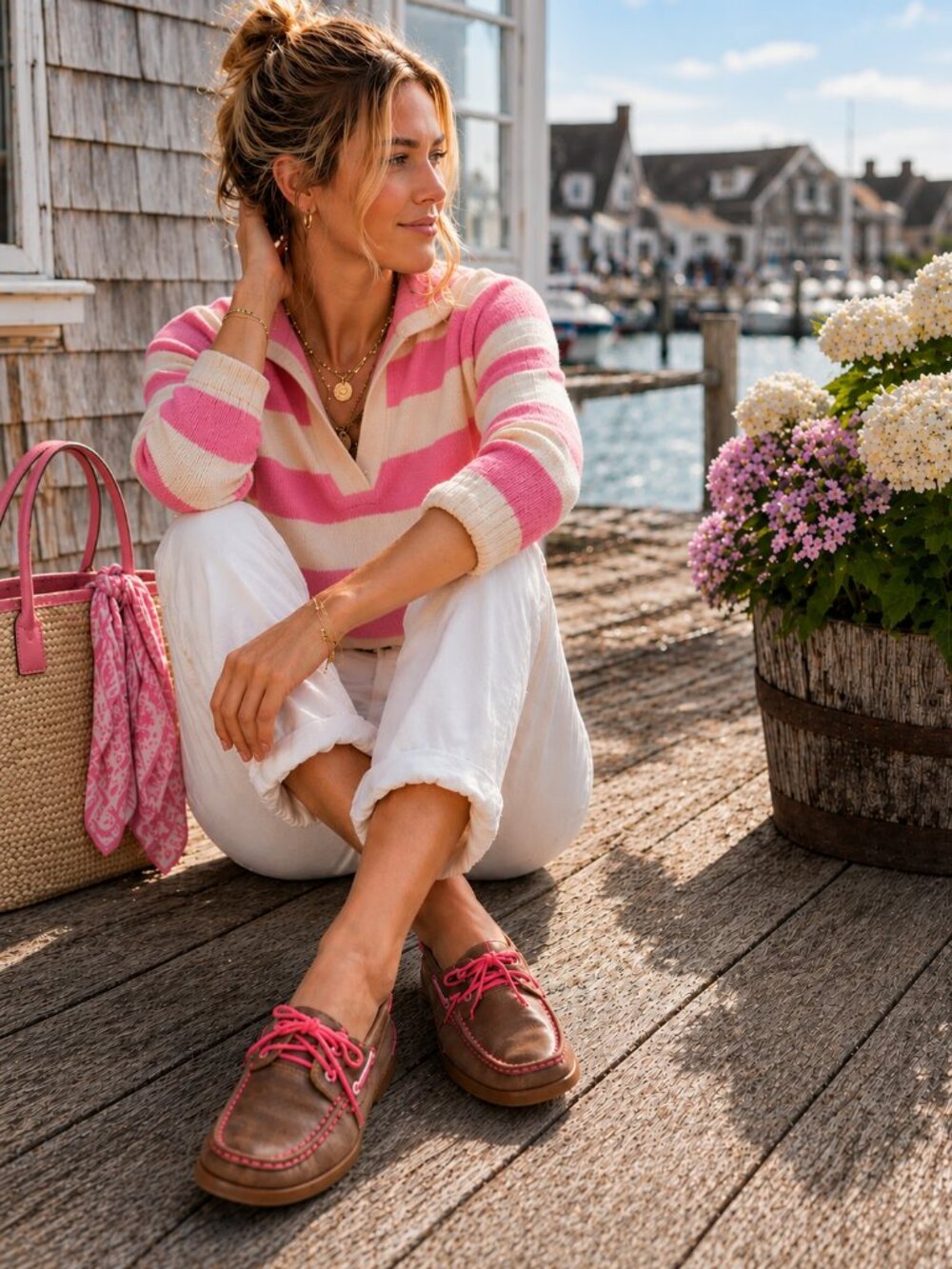 Women’s Brown Leather Boat Shoes Pink Laces Casual Coastal Preppy Comfort Size 8